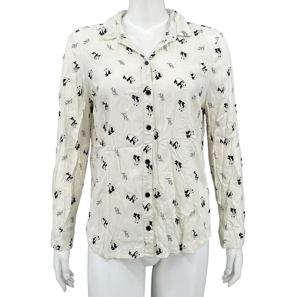 Topshop Top Womens 8‎ Ivory Cream Black Pandas Button Up Sheer Novelty Preppy